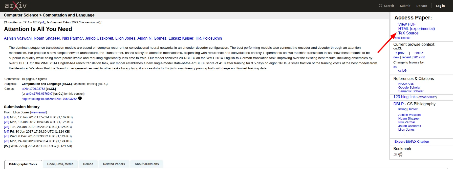 arXiv 的摘要頁:右側 Access Paper 之下列有 View PDF、HTML 與 TeX Source,箭頭所指即 TeX Source
