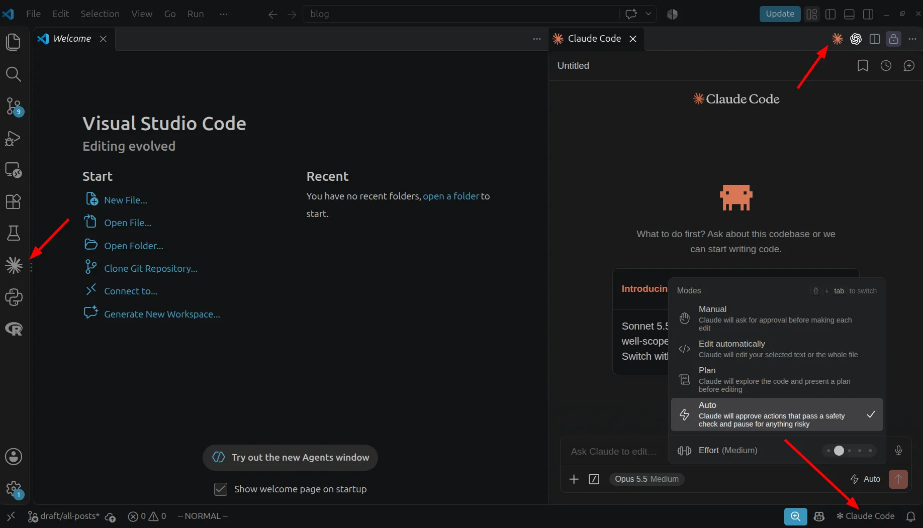 Claude Code 的三個入口:箭頭所指是編輯區右上角工具列的 Spark 圖示,其右為 Codex 的圖示;左側 Activity Bar 中段另有一個 Spark 圖示;右下角的 Status Bar 有 Claude Code 字樣