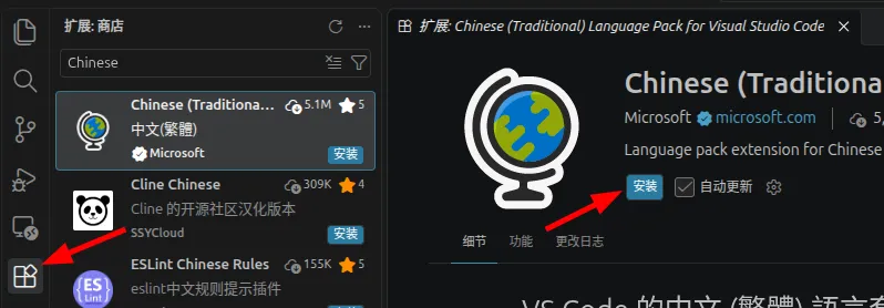 安裝語言套件的兩個位置:左側 Activity Bar 最下方的圖示開啟 Extensions 檢視,搜尋 Chinese 後第一列即是 Microsoft 發行的 Chinese (Traditional) Language Pack;點選該列,右側開啟它的說明頁,名稱下方有安裝按鈕